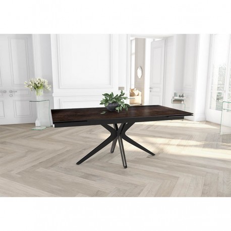 Table extensible LAURA pied noir, plateau céramique acier